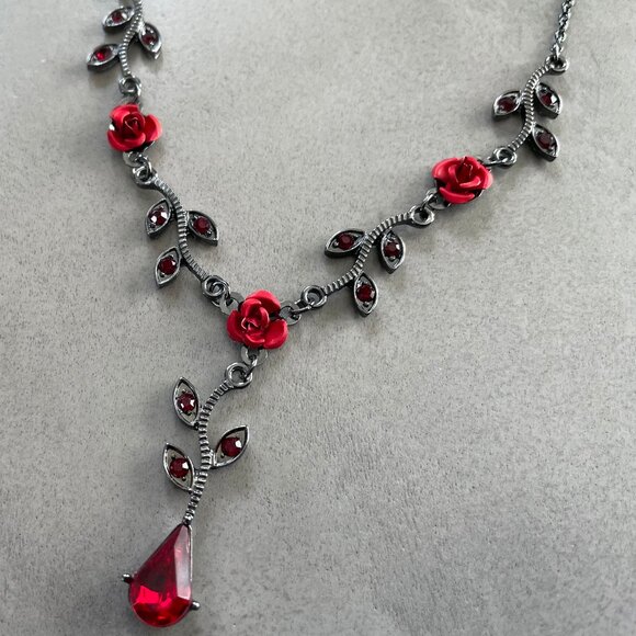 Romantic Red & Charcoal Bead Necklace and Earrings Set - Picture 4 of 6